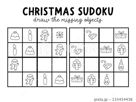 Vector Christmas sudoku puzzle for kids with pictures. Black and white New Year quiz with candle, present, gingerbread man. Winter holiday line activity, coloring page. Draw missing object 133454436