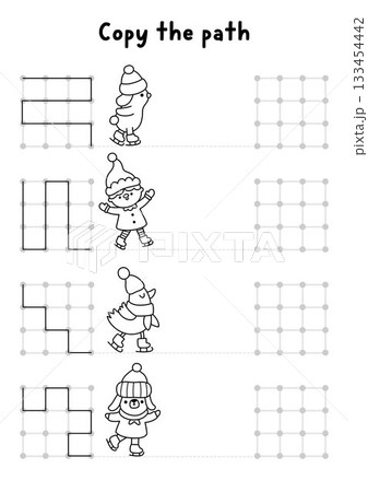 Christmas drawing, writing, tracing, space orientation activity for kids with skating animals. Draw the lines in square box according example. Winter holiday or New Year printable game, puzzle Christmas drawing, writing, tracing, space orientation activity for kids with skating animals. Draw the lines in square box according example. Winter holiday or New Year printable game, puzzle 133454442