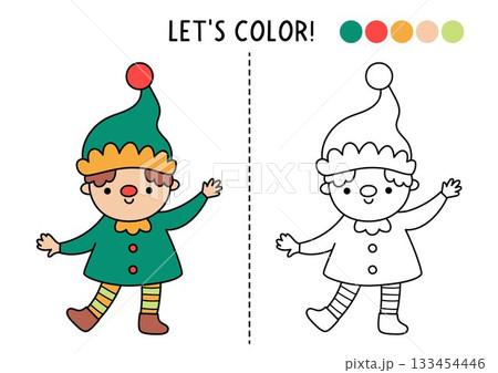Christmas village coloring page for children with cute elf. Vector New Year outline illustration. Color book for kids with colored example. Winter holiday drawing skills printable worksheet 133454446