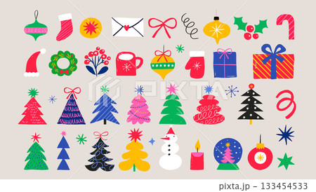 Colorful retro Christmas icons collection. Christmas trees, ornaments, snowman and other holiday 133454533
