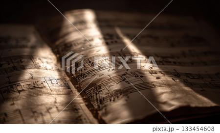 Close-Up of Vintage Musical Score with Dramatic Lighting and Nostalgic Tone 133454608
