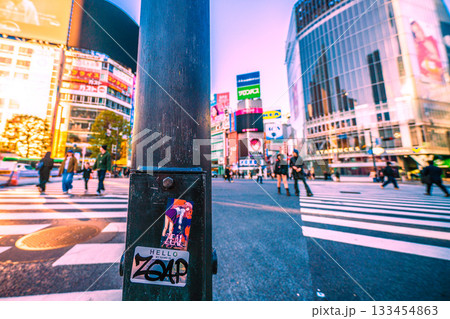 日本の東京都市景観剥がされたシール…早くも2枚目…。早朝の渋谷、幸福な時間…人影は少ない＝8時11分 133454863
