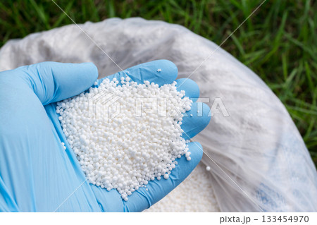 Farmer`s hand in blue glove holds white fertilizer for plants. Big bag with chemical NPK fertilizer for plants Farmer`s hand in blue glove holds white fertilizer for plants. Big bag with chemical NPK fertilizer for plants 133454970