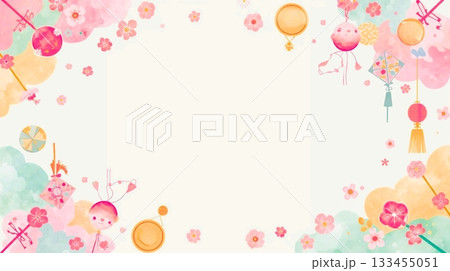 おもちゃと淡い植物アクセントのふんわり水彩お正月フレーム おもちゃと淡い植物アクセントのふんわり水彩お正月フレーム 133455051