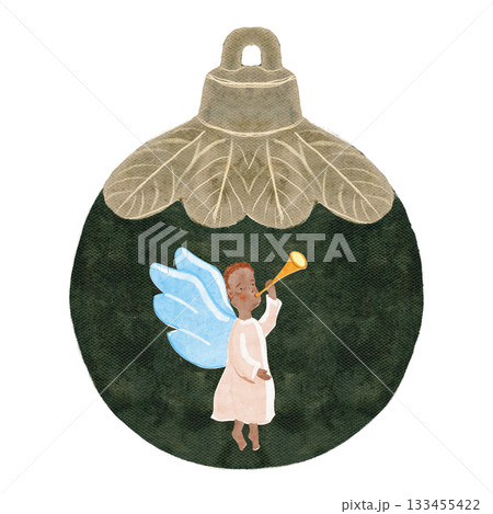 Ornament hand-painted angel with blue wings golden trumpet on a textured green bauble. Watercolor Christmas illustration ideal for greeting cards, gift tags. Soft tones and delicate lace, festive mood Ornament hand-painted angel with blue wings golden trumpet on a textured green bauble. Watercolor Christmas illustration ideal for greeting cards, gift tags. Soft tones and delicate lace, festive mood 133455422