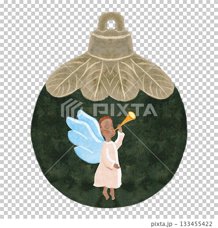 Ornament hand-painted angel with blue wings golden trumpet on a textured green bauble. Watercolor Christmas illustration ideal for greeting cards, gift tags. Soft tones and delicate lace, festive mood Ornament hand-painted angel with blue wings golden trumpet on a textured green bauble. Watercolor Christmas illustration ideal for greeting cards, gift tags. Soft tones and delicate lace, festive mood 133455422