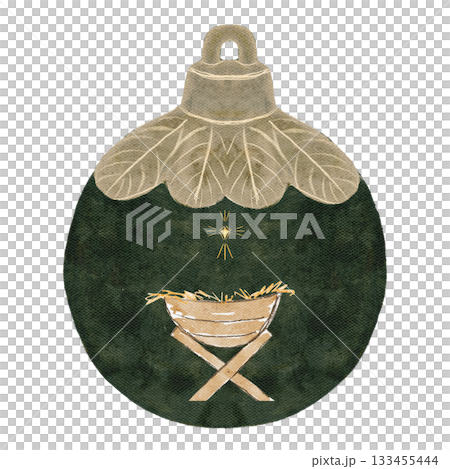 Manger and glowing star inside dark green Christmas ornament. A hand-painted watercolor illustration isolated on white, ideal for Christmas, nativity scenes, books, crafts, seasonal decor projects 133455444
