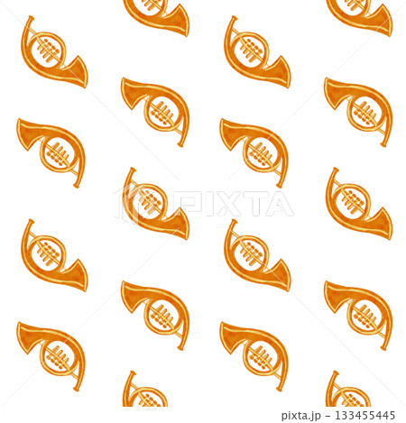 Brass horns in warm golden tones. Watercolor seamless pattern. Hand-painted musical design on white, perfect for festive wrapping paper, Christmas crafts, textiles, invitations, and creative projects 133455445