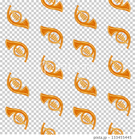 Brass horns in warm golden tones. Watercolor seamless pattern. Hand-painted musical design on white, perfect for festive wrapping paper, Christmas crafts, textiles, invitations, and creative projects 133455445