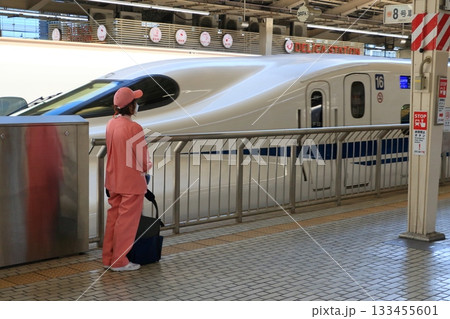 新幹線の到着を待つ車内清掃員 新幹線の到着を待つ車内清掃員 133455601
