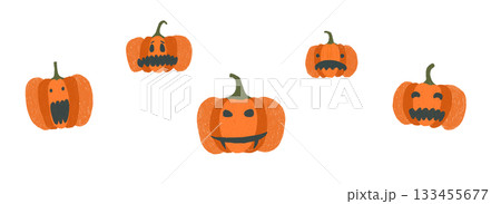 Cute orange crayon pencils drawing Halloween Party spooky pumpkins set. Watercolor hand drawn autumn holiday scary jack o lantern symbol for greeting cards design, sticker, background, print Cute orange crayon pencils drawing Halloween Party spooky pumpkins set. Watercolor hand drawn autumn holiday scary jack o lantern symbol for greeting cards design, sticker, background, print 133455677