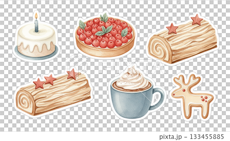 Scandinavian style minimalist Christmas cake and sweets watercolor sticker set Scandinavian style minimalist Christmas cake and sweets watercolor sticker set 133455885