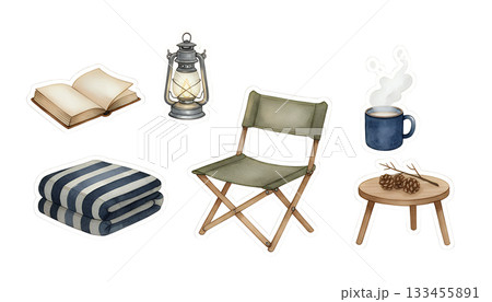 読書とコーヒーのアウトドアくつろぎイラストセット 133455891