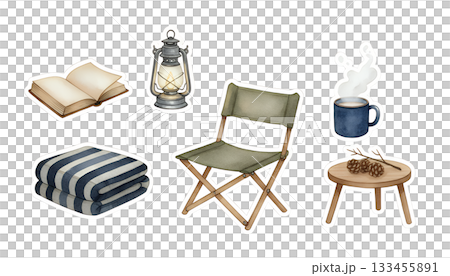 読書とコーヒーのアウトドアくつろぎイラストセット 133455891