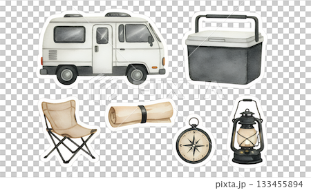 モダンキャンピングカーと旅の装備イラストセット 133455894