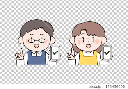 チェックする主婦や主夫をイメージした男女2人のイラスト 133456006