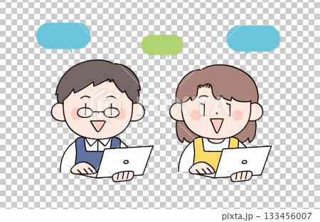 圖中描繪了一男一女，分別代表家庭主婦和家庭主婦，正在操作電腦。 133456007