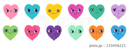 Colorful vector set with cute textured heart faces with eyes and mouths, funny characters Colorful vector set with cute textured heart faces with eyes and mouths, funny characters 133456221