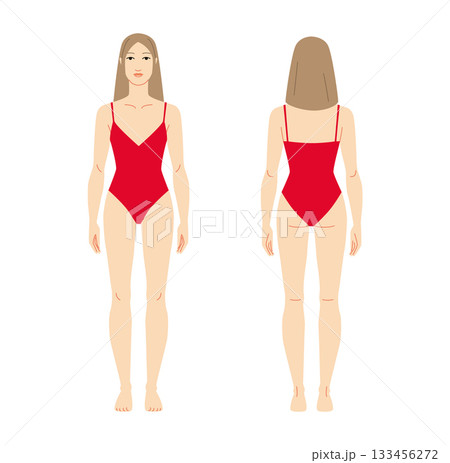 Vector illustration of a 7 head woman in red swimsuit, displaying multiple angles including front and back. Perfect Vector illustration of a 7 head woman in red swimsuit, displaying multiple angles including front and back. Perfect 133456272