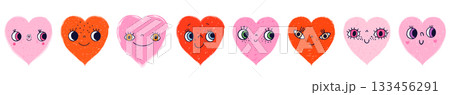 Funny hand drawn heart shaped faces, characters, pink and red cute faces with eyes, mouths and different expressions for Valentine's Day designs Funny hand drawn heart shaped faces, characters, pink and red cute faces with eyes, mouths and different expressions for Valentine's Day designs 133456291