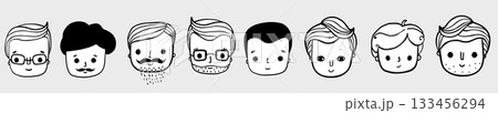 Cute hand drawn vector male face icons, men avatars with beards, mustaches, different expressions and hairstyles Cute hand drawn vector male face icons, men avatars with beards, mustaches, different expressions and hairstyles 133456294
