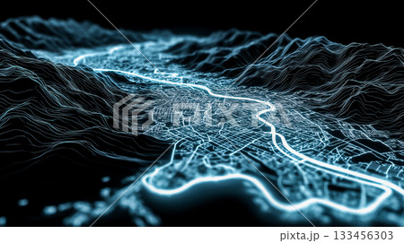 近未来都市と地形の交差点、光の流れが生み出す未来的ビジュアル 133456303
