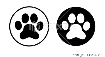 Set of dog or cat paw silhouettes in round shapes. Puppy or kitty footprint stamps isolated on white background. Veterinary clinic or pet shop pictograms. Animal lovers stickers. Vector illustration Set of dog or cat paw silhouettes in round shapes. Puppy or kitty footprint stamps isolated on white background. Veterinary clinic or pet shop pictograms. Animal lovers stickers. Vector illustration 133456359