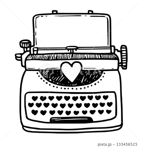 Typewriter vector illustration in doodle sketch style hand drawn outline in black and white. Cute vintage machine for valentine day card. Perfect for romantic design. Ideal for writer theme. 133456525