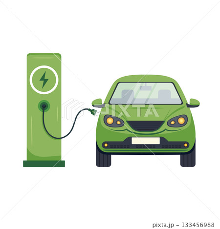 Green electric car charging at eco friendly station with modern design elements Green electric car charging at eco friendly station with modern design elements 133456988