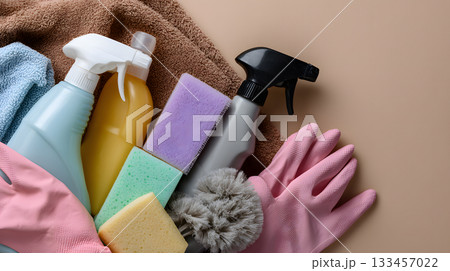 Cleaning supplies arranged on a soft towel with sponges and gloves for household chores Cleaning supplies arranged on a soft towel with sponges and gloves for household chores 133457022