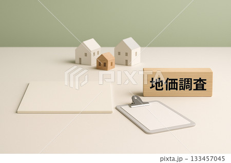 地価調査を表すクリップボードと更地模型のイメージ 地価調査を表すクリップボードと更地模型のイメージ 133457045