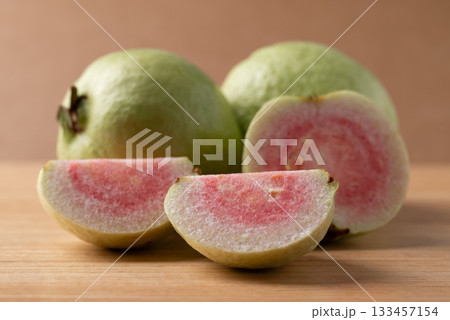 Red guava on wooden background, Tropical fruit high vitamin C 133457154