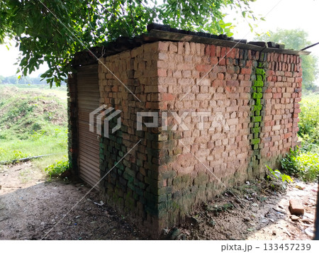 An old brick barn in the India countryside with a corrugated asbestos roof. 133457239