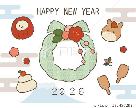 ゆる可愛い線画のお正月素材セット2026 ゆる可愛い線画のお正月素材セット2026 133457292
