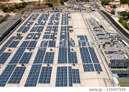 Solar panels installed on rooftop of shopping mall 133457293