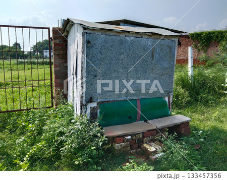 Closed Roadside shops or indian kiosk shop called gumti, gomti, small shop 133457356