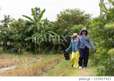 Two close LGBTQ friends harvest fresh chili peppers in a garden. They work together under the sun, wearing casual shirts and wide-brimmed hats, enjoying farm life. Two close LGBTQ friends harvest fresh chili peppers in a garden. They work together under the sun, wearing casual shirts and wide-brimmed hats, enjoying farm life. 133457425