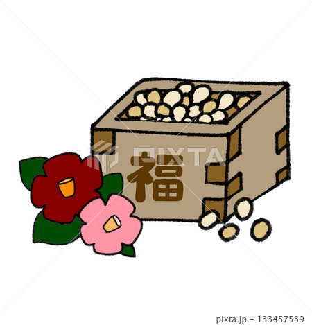節分のイラスト・升に入った豆と椿の手描きイラスト 133457539