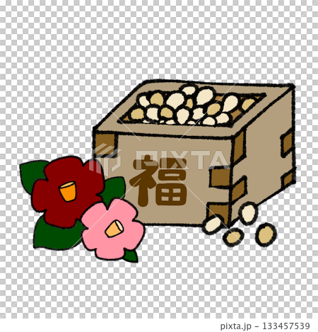 節分のイラスト・升に入った豆と椿の手描きイラスト 133457539
