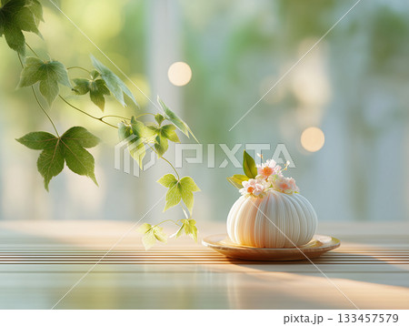 上品な和菓子を添えた鏡餅とお正月飾り 上品な和菓子を添えた鏡餅とお正月飾り 133457579