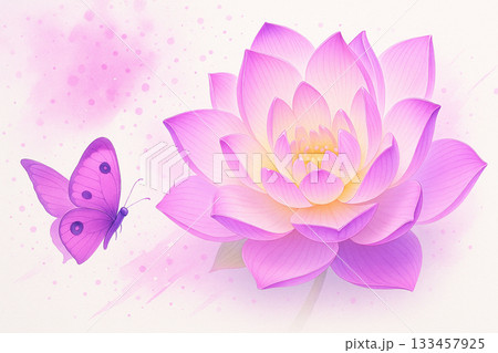 AI generated soft pink and purple lotus with delicate butterfly on a clean light background creating a gentle dreamy and warm fantasy floral mood 133457925