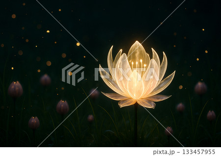 AI generated luminous lotus blooming in a mystical night garden surrounded by gentle sparkling light creating a serene magical atmosphere of purity and wonder. 133457955