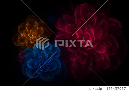 AI generated glowing fractal flowers in magenta blue and gold with translucent swirling petals creating a soft yet powerful surreal atmosphere with depth and motion 133457957