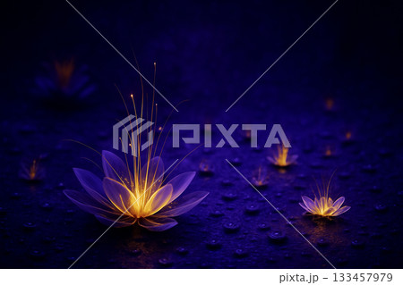 AI generated glowing lotus flowers radiating golden light in deep purple space symbolizing inner awakening calm depth serenity and spiritual harmony within a mysterious surreal dreamlike atmosphere 133457979
