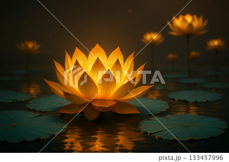 AI generated golden lotus glowing softly above calm water symbolizing peace purity spiritual awakening and inner harmony in a tranquil surreal atmosphere suitable for meditation and wellness themes 133457996
