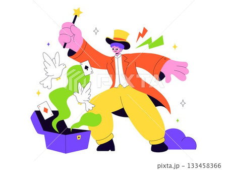 Magician Vector Illustration with Illusionist Conjuring Tricks and Waving a Magic Wand above his Mysterious Hat on a Stage in Flat Cartoon Background 133458366