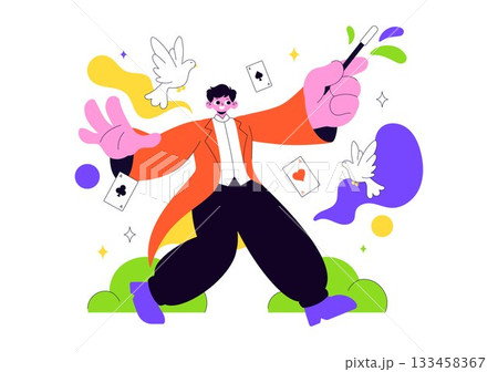 Magician Vector Illustration with Illusionist Conjuring Tricks and Waving a Magic Wand above his Mysterious Hat on a Stage in Flat Cartoon Background 133458367