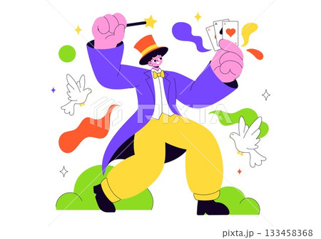 Magician Vector Illustration with Illusionist Conjuring Tricks and Waving a Magic Wand above his Mysterious Hat on a Stage in Flat Cartoon Background Magician Vector Illustration with Illusionist Conjuring Tricks and Waving a Magic Wand above his Mysterious Hat on a Stage in Flat Cartoon Background 133458368