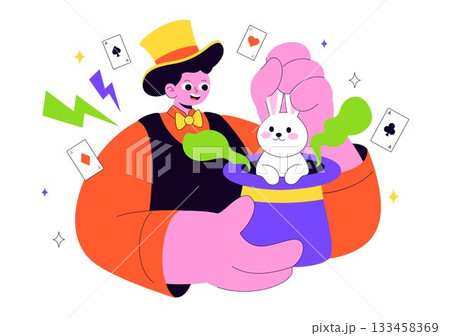 Magician Vector Illustration with Illusionist Conjuring Tricks and Waving a Magic Wand above his Mysterious Hat on a Stage in Flat Cartoon Background Magician Vector Illustration with Illusionist Conjuring Tricks and Waving a Magic Wand above his Mysterious Hat on a Stage in Flat Cartoon Background 133458369
