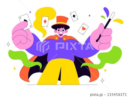 Magician Vector Illustration with Illusionist Conjuring Tricks and Waving a Magic Wand above his Mysterious Hat on a Stage in Flat Cartoon Background Magician Vector Illustration with Illusionist Conjuring Tricks and Waving a Magic Wand above his Mysterious Hat on a Stage in Flat Cartoon Background 133458371